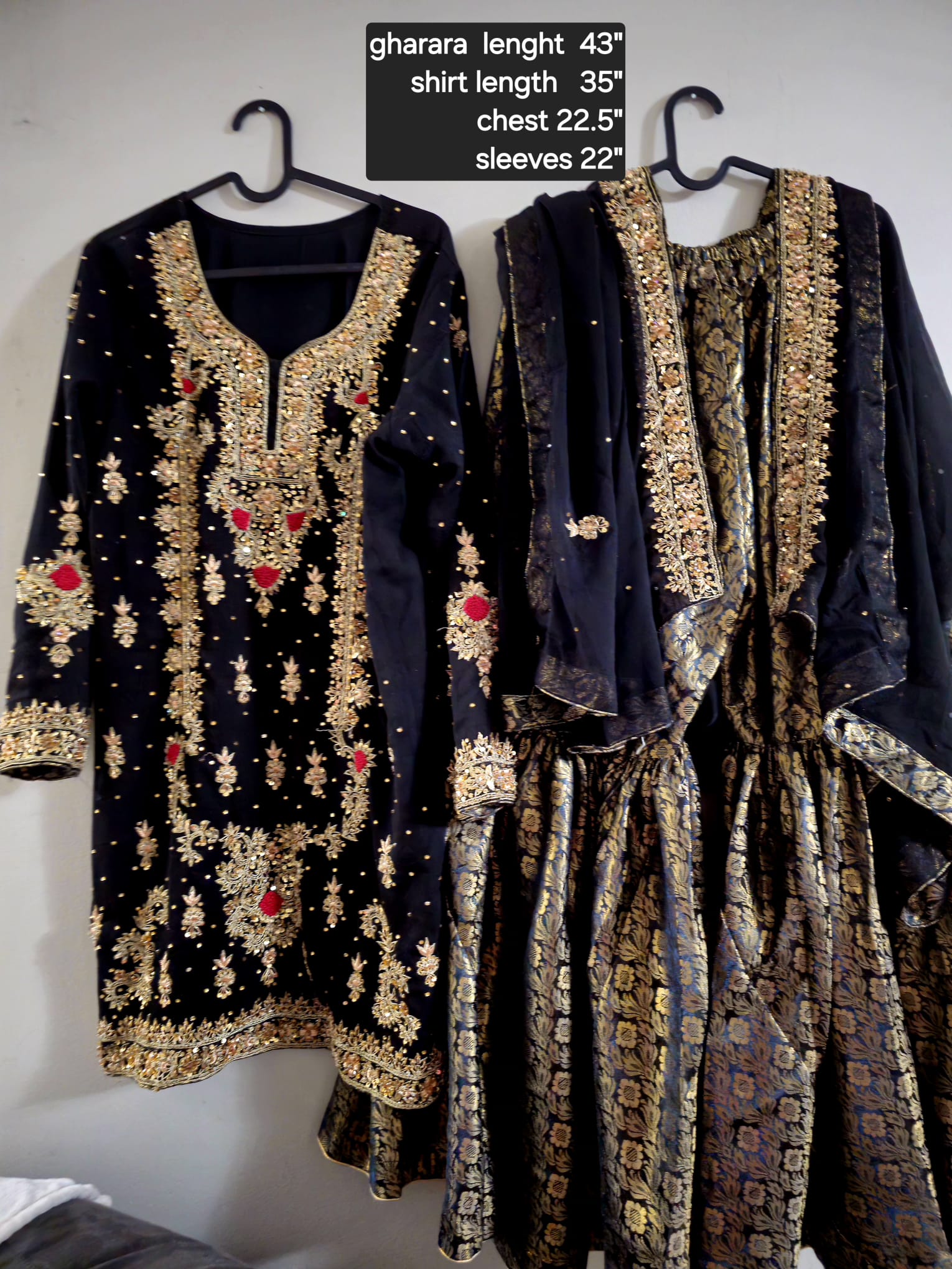 Black Heavy Embroidered Shirt with Banarasi Gharara ✨