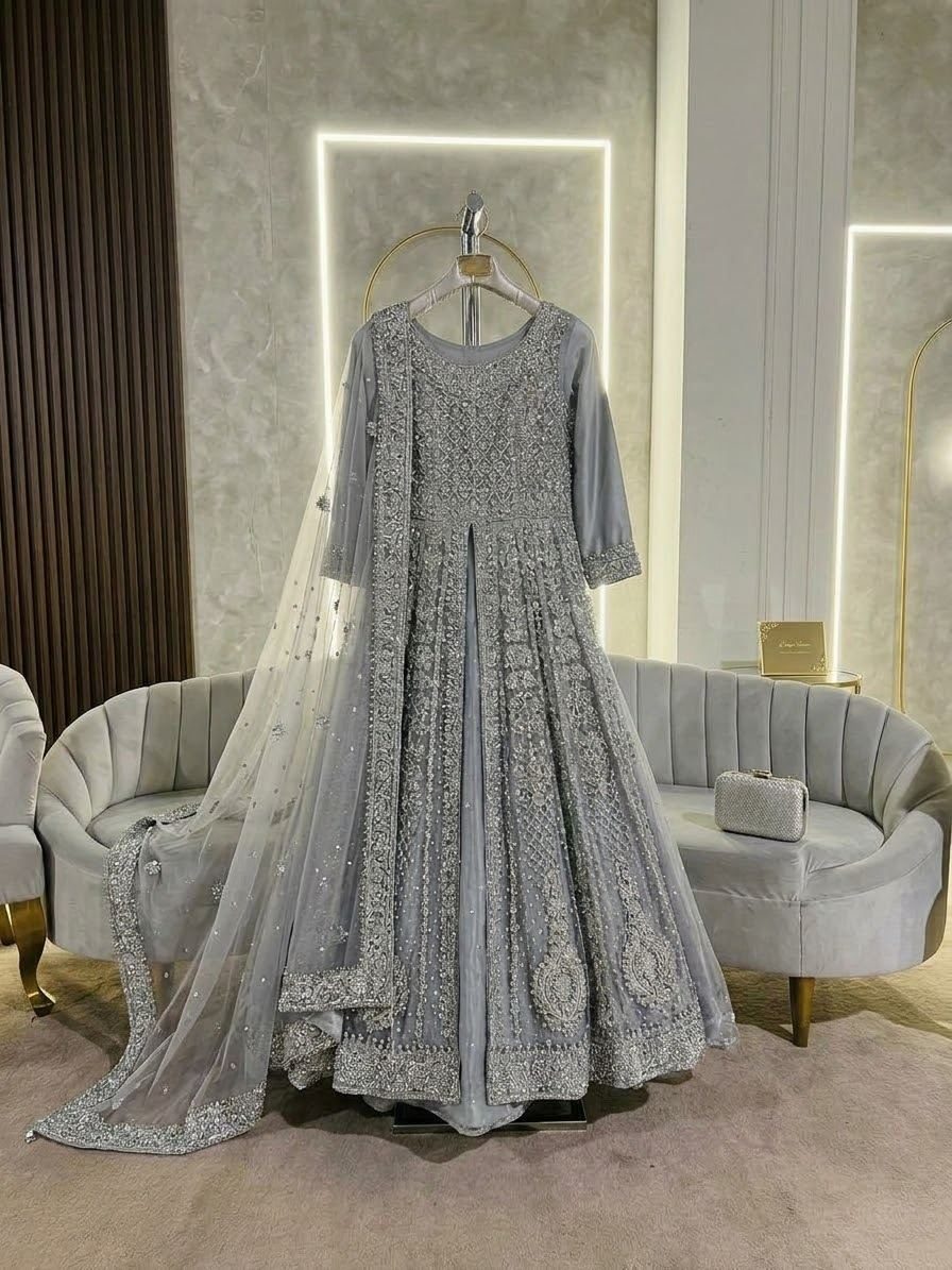 Elegant Silver Heavily Embellished Boutique Maxi / Lehenga Suit