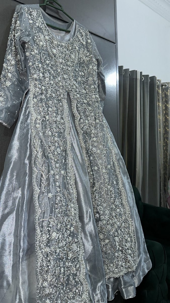 elegant Silver Grey Embroidered Bridal Dress.