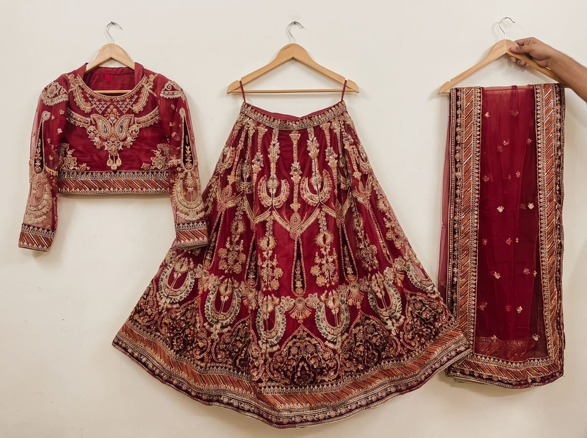 Heavy Embroidered Maroon Bridal Lehenga (3-Piece) By Maria.B.
