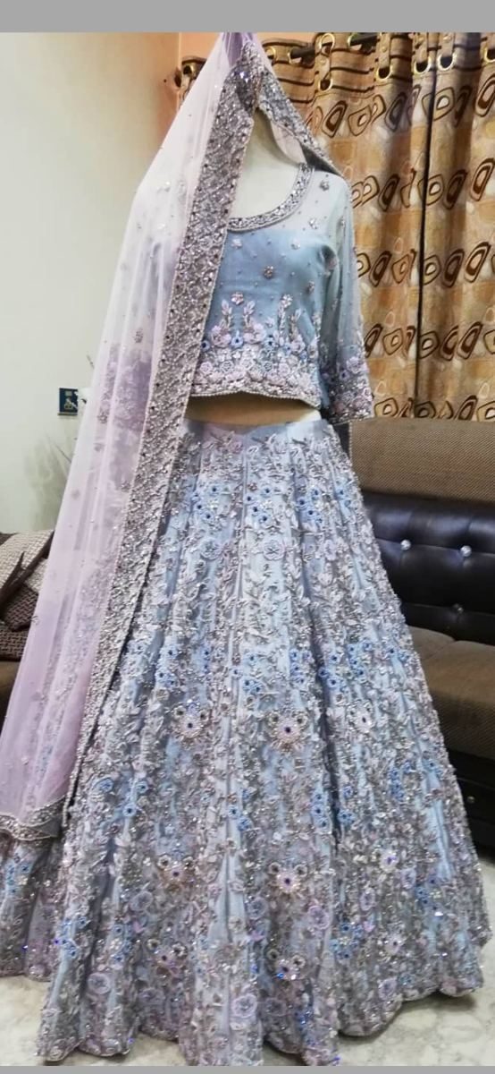 Powder pink and grey blue pastel lehnga