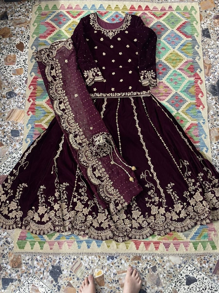 Maroon velvet bridal lehenga choli